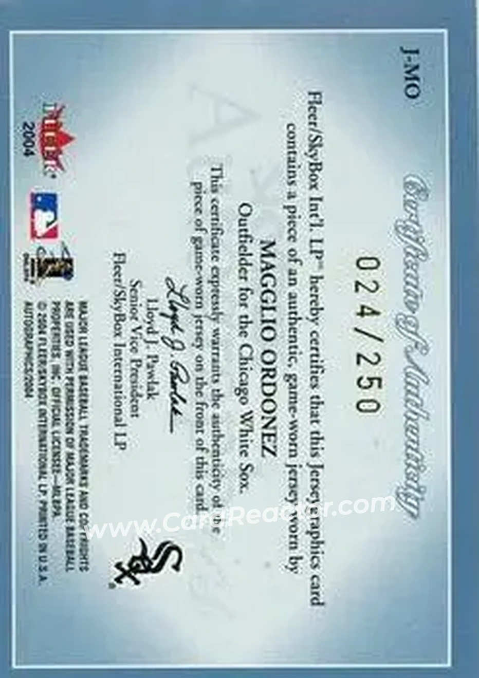 2004 SkyBox Autographics - Jerseygraphics Blue #J-MO - Magglio Ordonez - Chicago White Sox - Back