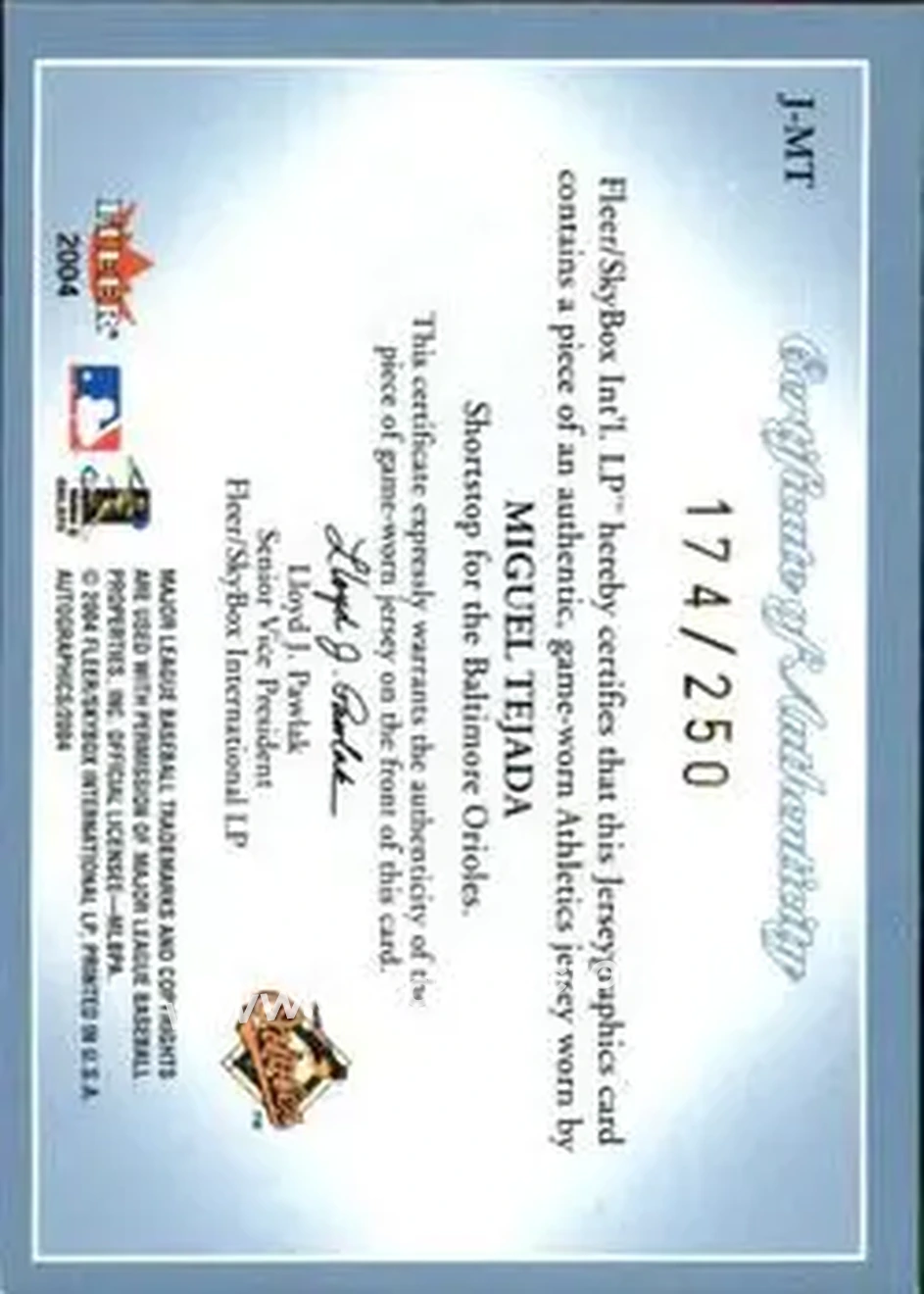2004 SkyBox Autographics - Jerseygraphics Blue #J-MT - Miguel Tejada - Baltimore Orioles - Back
