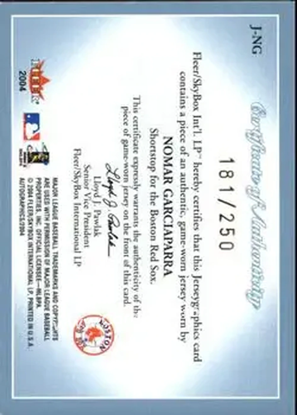 2004 SkyBox Autographics - Jerseygraphics Blue #J-NG - Nomar Garciaparra - Boston Red Sox - Back