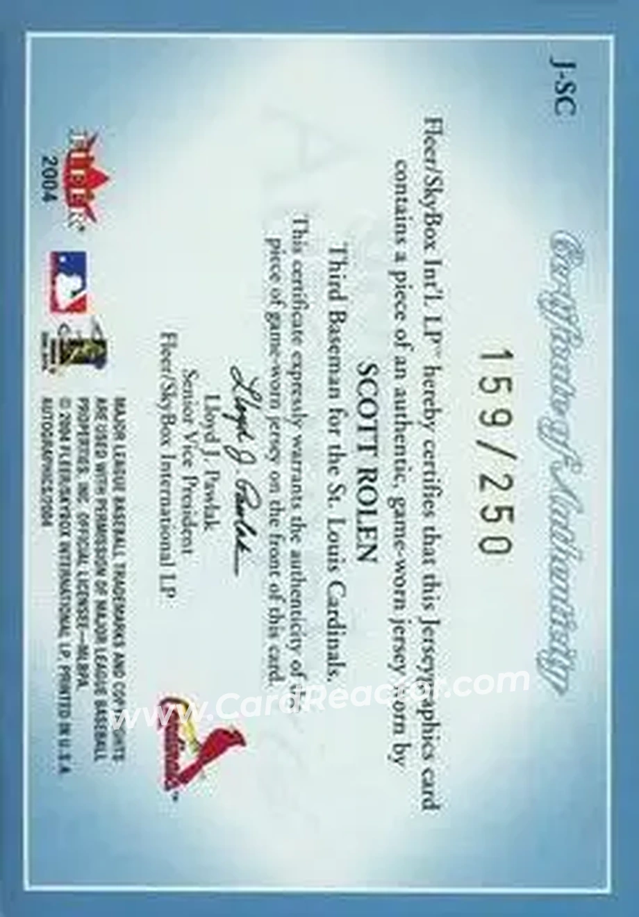 2004 SkyBox Autographics - Jerseygraphics Blue #J-SC - Scott Rolen - St. Louis Cardinals - Back