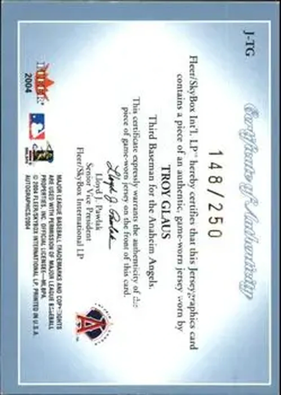 2004 SkyBox Autographics - Jerseygraphics Blue #J-TG - Troy Glaus - Anaheim Angels - Back
