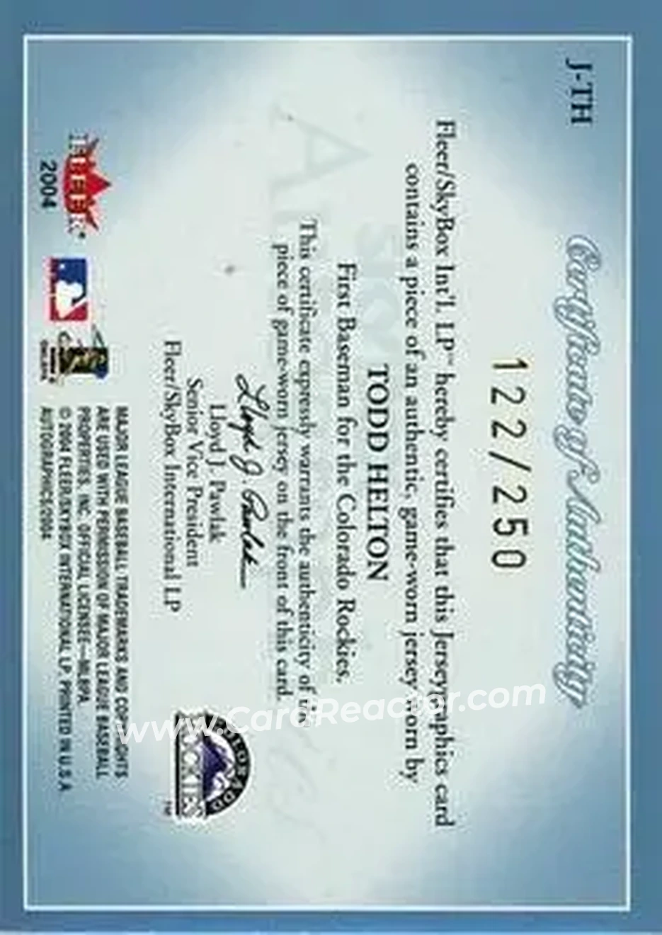 2004 SkyBox Autographics - Jerseygraphics Blue #J-TH - Todd Helton - Colorado Rockies - Back