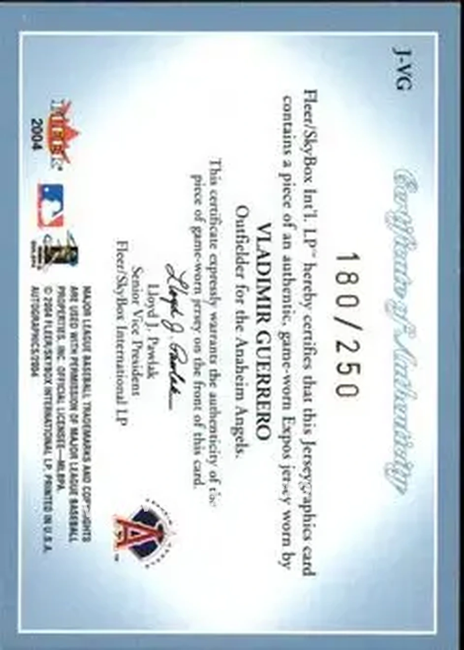 2004 SkyBox Autographics - Jerseygraphics Blue #J-VG - Vladimir Guerrero - Anaheim Angels - Back