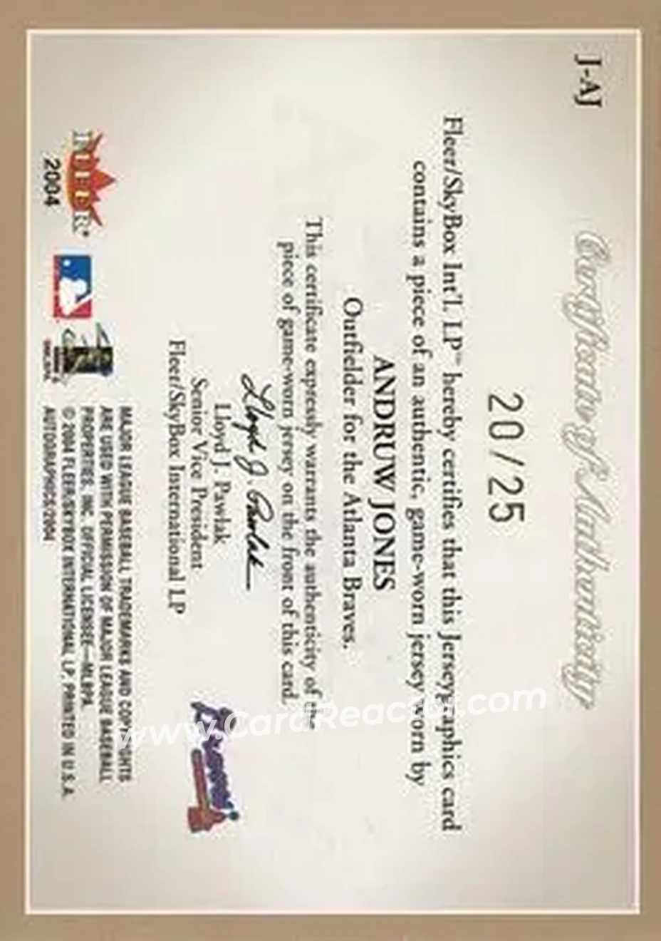 2004 SkyBox Autographics - Jerseygraphics Gold #J-AJ - Andruw Jones - Atlanta Braves - Back