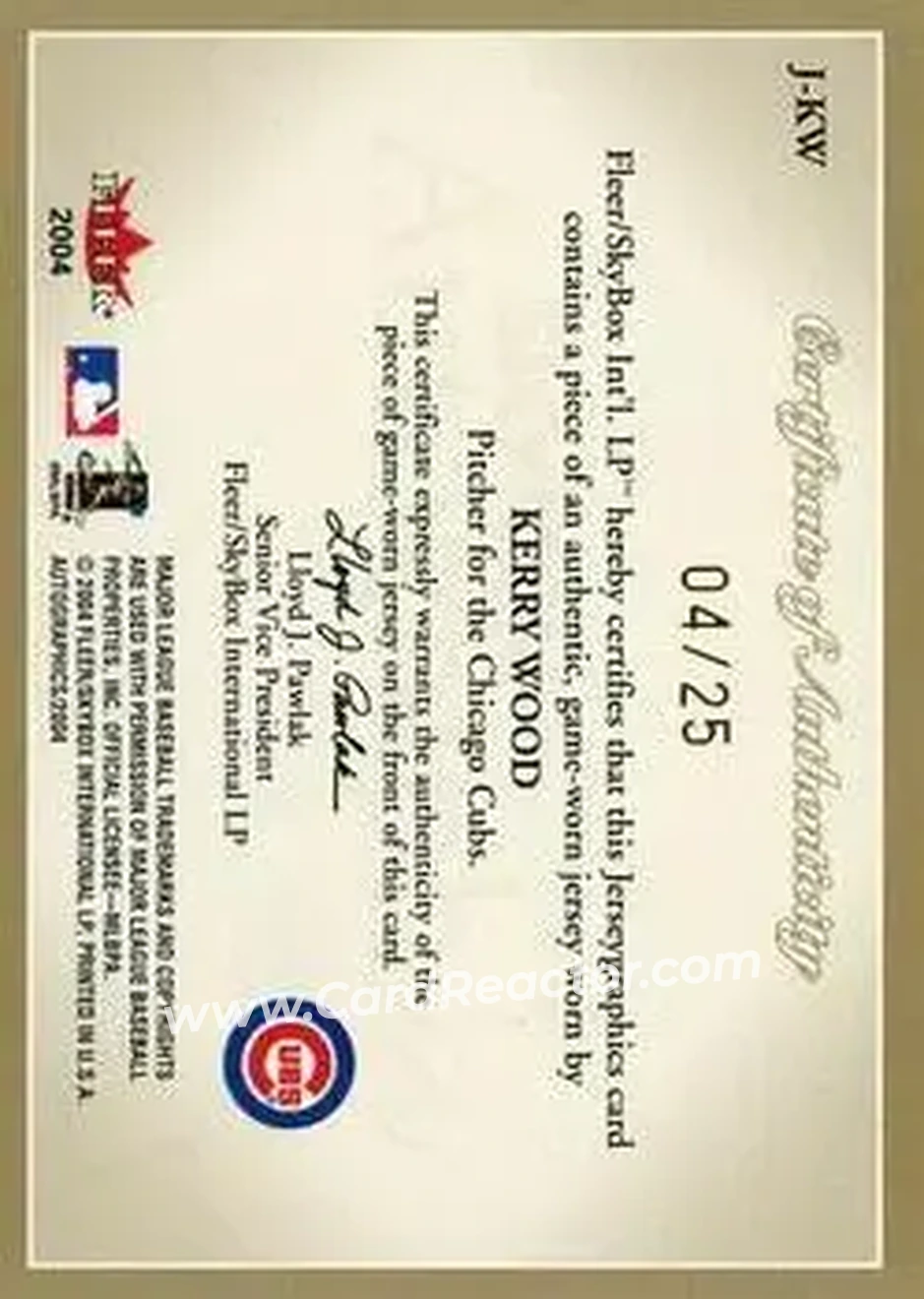 2004 SkyBox Autographics - Jerseygraphics Gold #J-KW - Kerry Wood - Chicago Cubs - Back