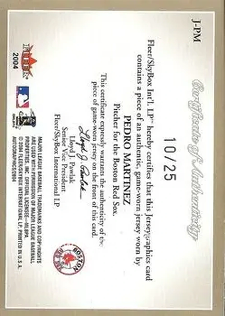 2004 SkyBox Autographics - Jerseygraphics Gold #J-PM - Pedro Martinez - Boston Red Sox - Back