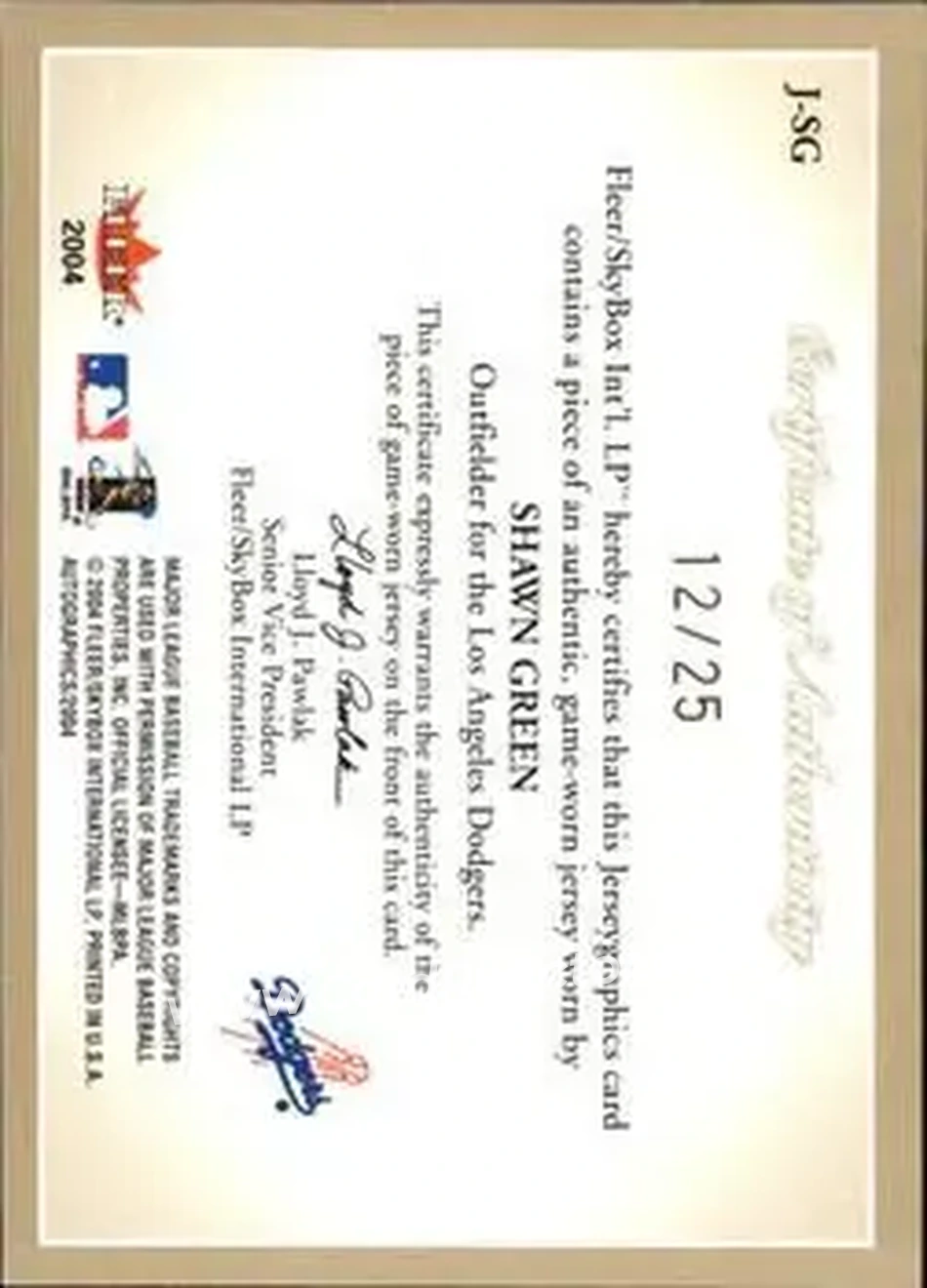 2004 SkyBox Autographics - Jerseygraphics Gold #J-SG - Shawn Green - Los Angeles Dodgers - Back