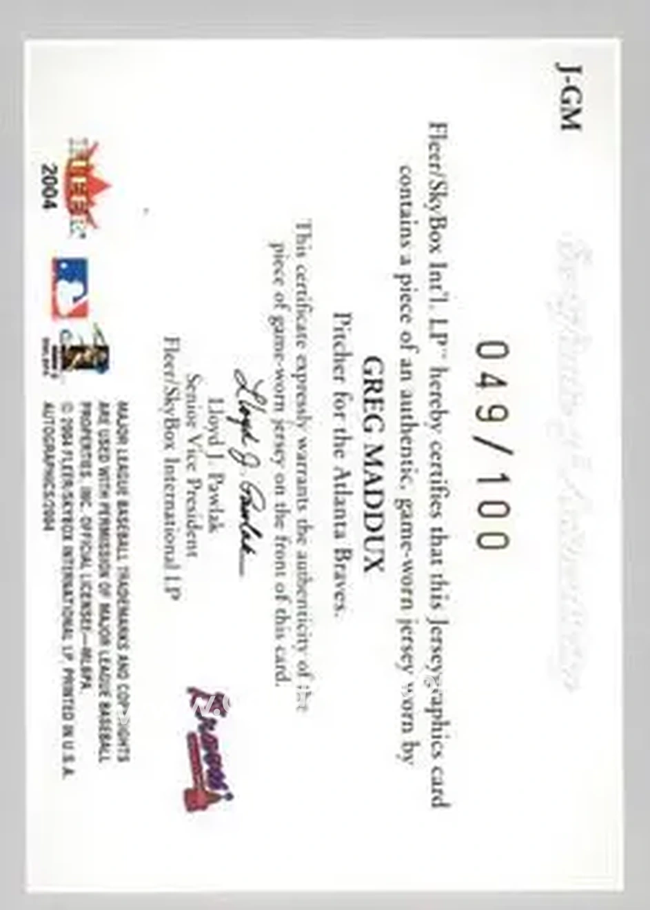 2004 SkyBox Autographics - Jerseygraphics Silver #J-GM - Greg Maddux - Atlanta Braves - Back