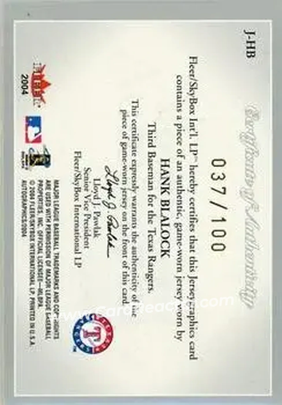 2004 SkyBox Autographics - Jerseygraphics Silver #J-HB - Hank Blalock - Texas Rangers - Back