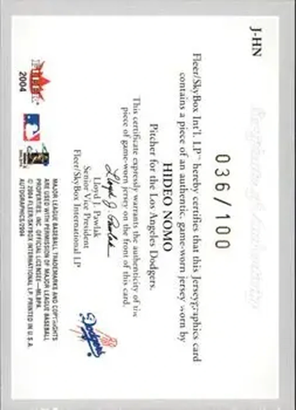 2004 SkyBox Autographics - Jerseygraphics Silver #J-HN - Hideo Nomo - Los Angeles Dodgers - Back