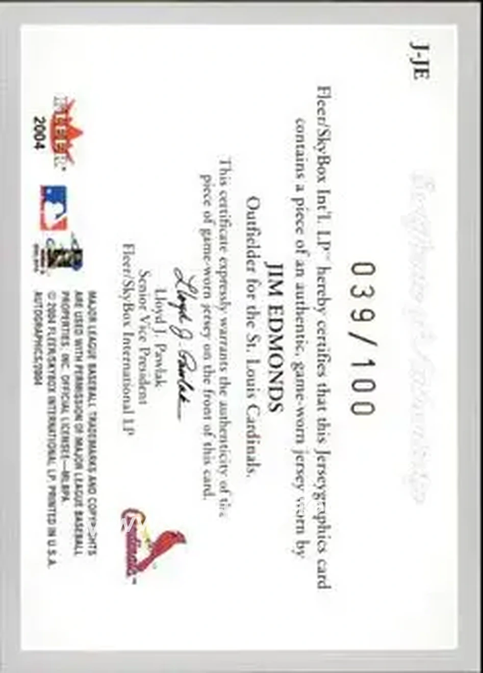 2004 SkyBox Autographics - Jerseygraphics Silver #J-JE - Jim Edmonds - St. Louis Cardinals - Back