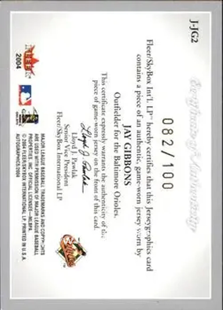 2004 SkyBox Autographics - Jerseygraphics Silver #J-JG2 - Jay Gibbons - Baltimore Orioles - Back