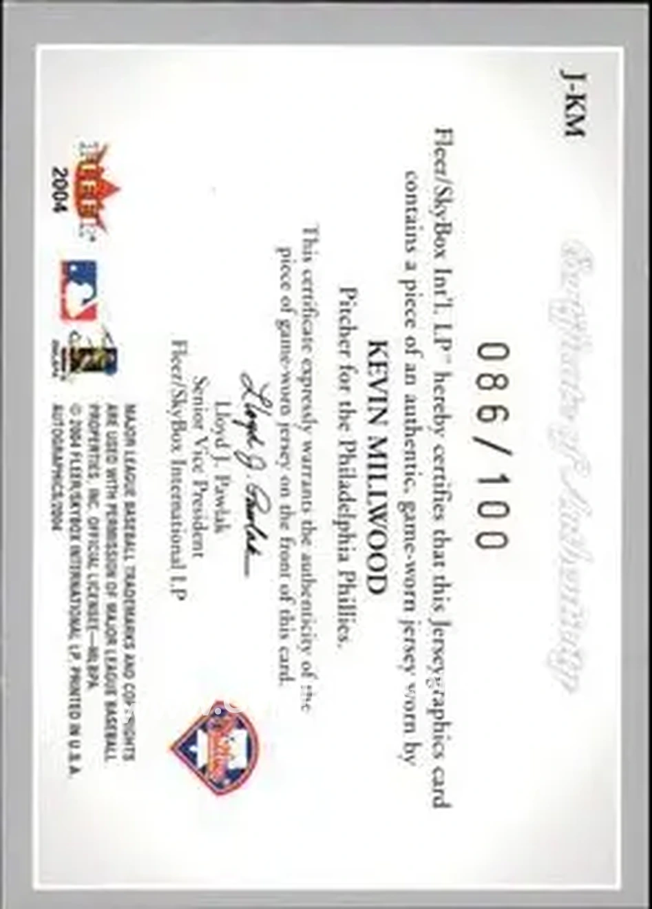 2004 SkyBox Autographics - Jerseygraphics Silver #J-KM - Kevin Millwood - Philadelphia Phillies - Back