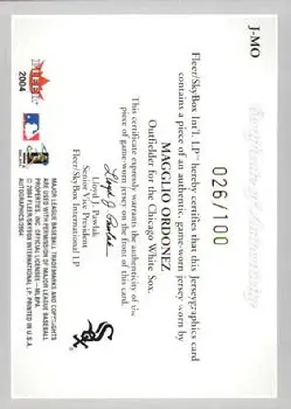 2004 SkyBox Autographics - Jerseygraphics Silver #J-MO - Magglio Ordonez - Chicago White Sox - Back