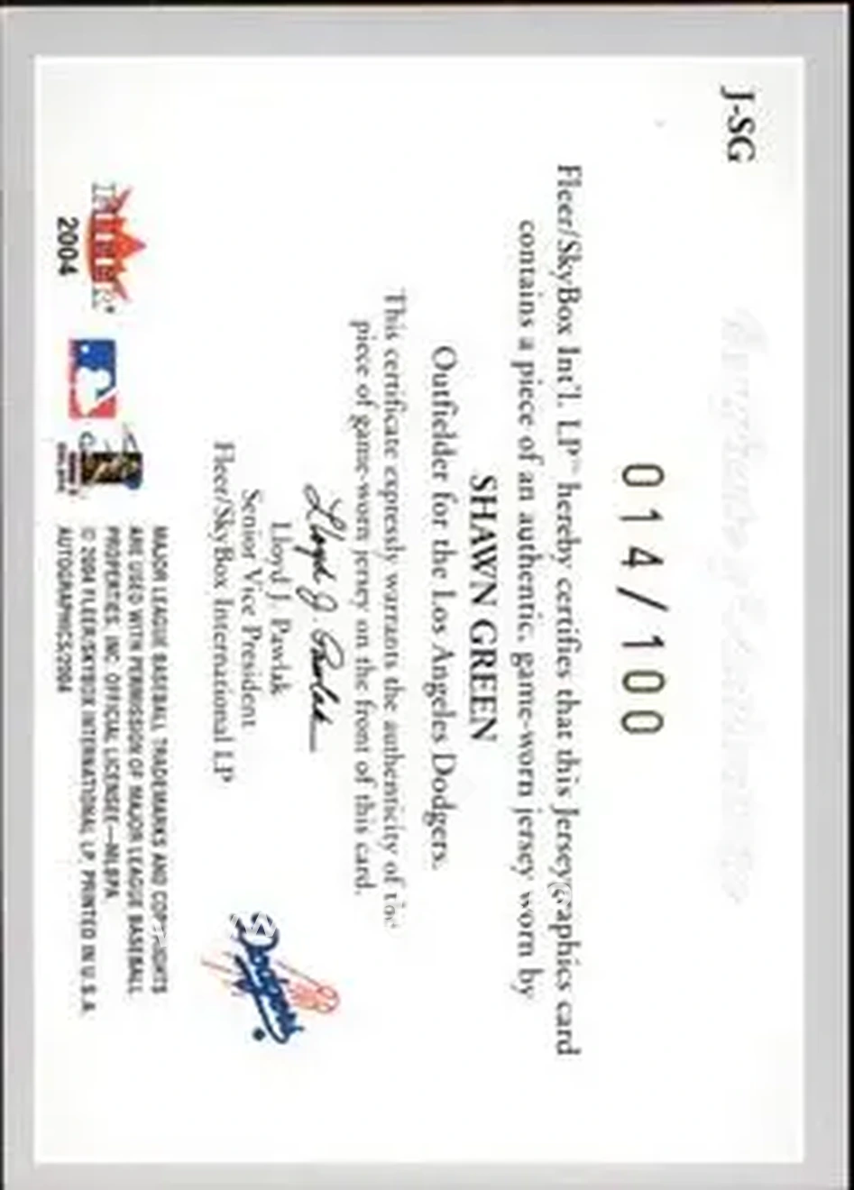 2004 SkyBox Autographics - Jerseygraphics Silver #J-SG - Shawn Green - Los Angeles Dodgers - Back