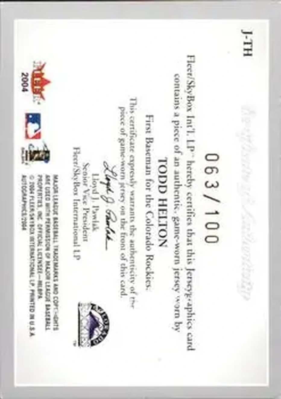 2004 SkyBox Autographics - Jerseygraphics Silver #J-TH - Todd Helton - Colorado Rockies - Back 2004 SkyBox Autographics - Jerseygraphics Silver #J-TH - Todd Helton - Colorado Rockies - Back