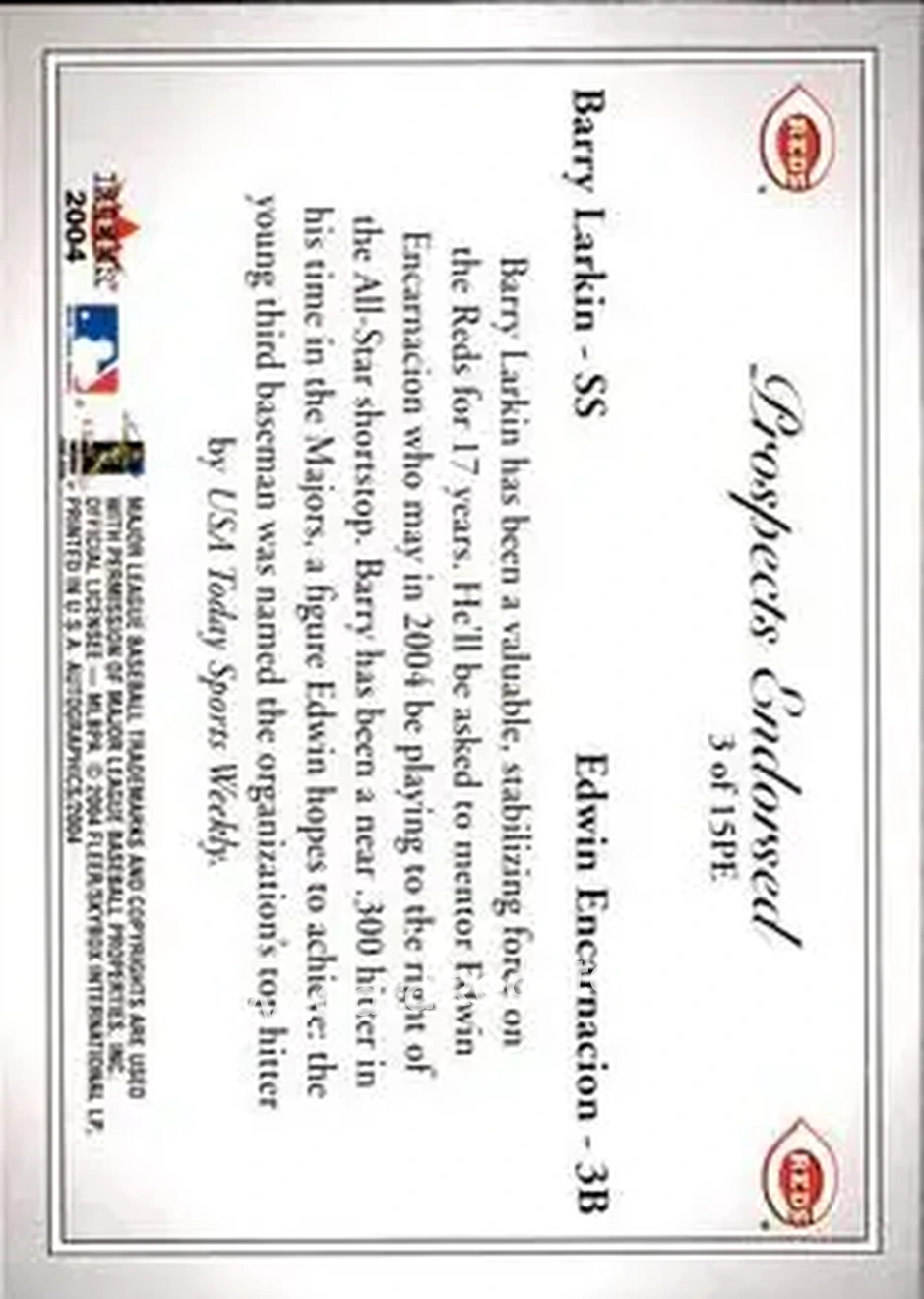 2004 SkyBox Autographics - Prospects Endorsed #3 PE - Barry Larkin - Edwin Encarnacion - Cincinnati Reds - Cincinnati Reds - Back