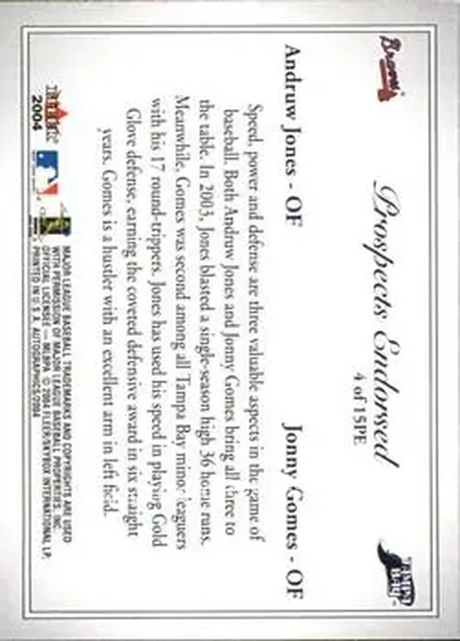 2004 SkyBox Autographics - Prospects Endorsed #4 PE - Andruw Jones - Jonny Gomes - Atlanta Braves - Tampa Bay Devil Rays - Back