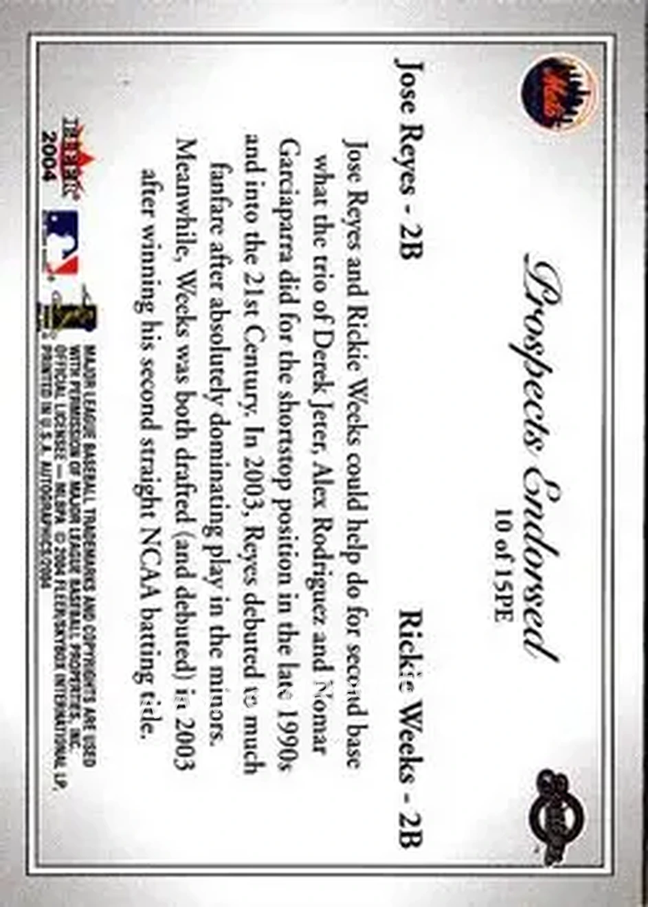2004 SkyBox Autographics - Prospects Endorsed #10 PE - Jose Reyes - Rickie Weeks - New York Mets - Milwaukee Brewers - Back