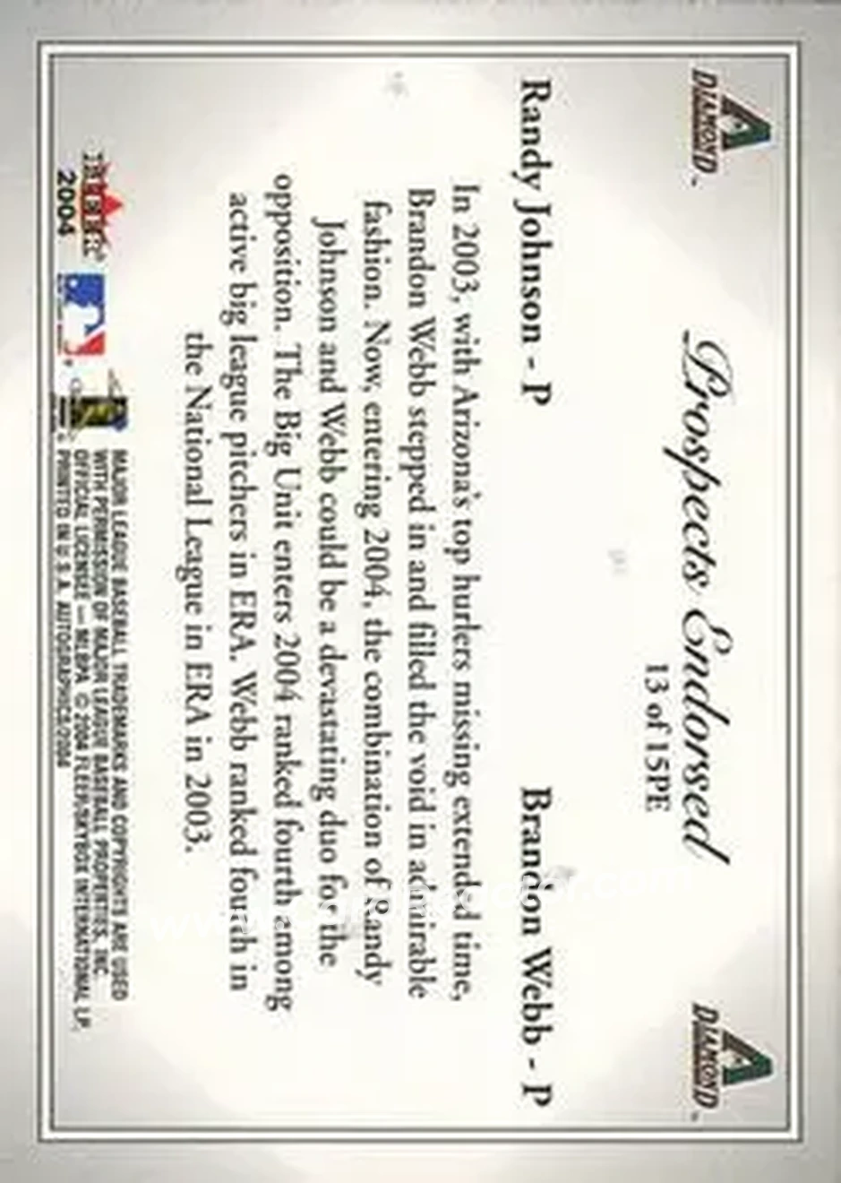 2004 SkyBox Autographics - Prospects Endorsed #13 PE - Randy Johnson - Brandon Webb - Arizona Diamondbacks - Arizona Diamondbacks - Back