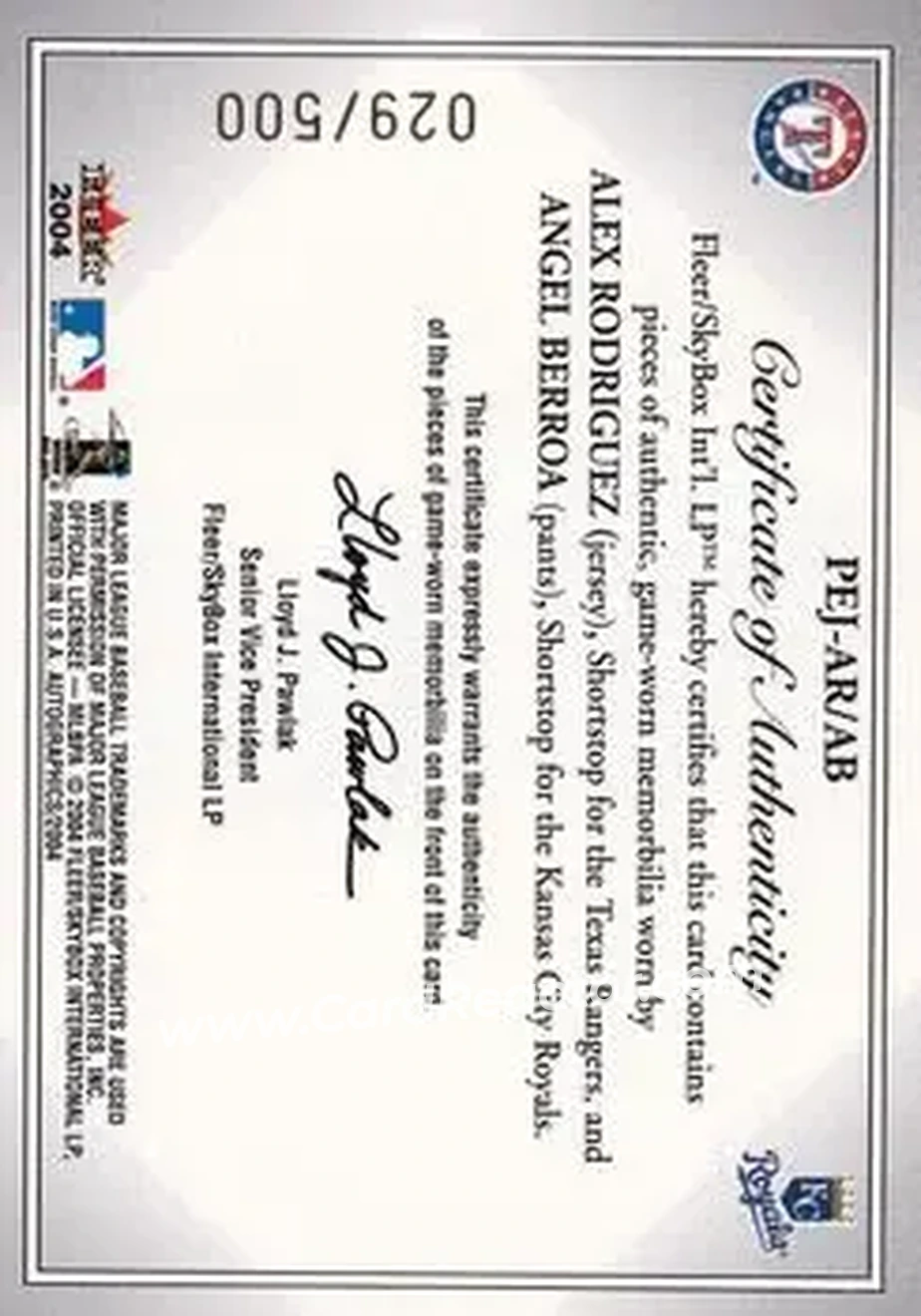 2004 SkyBox Autographics - Prospects Endorsed Dual Jersey #PEJ-AR/AB - Alex Rodriguez - Angel Berroa - Back