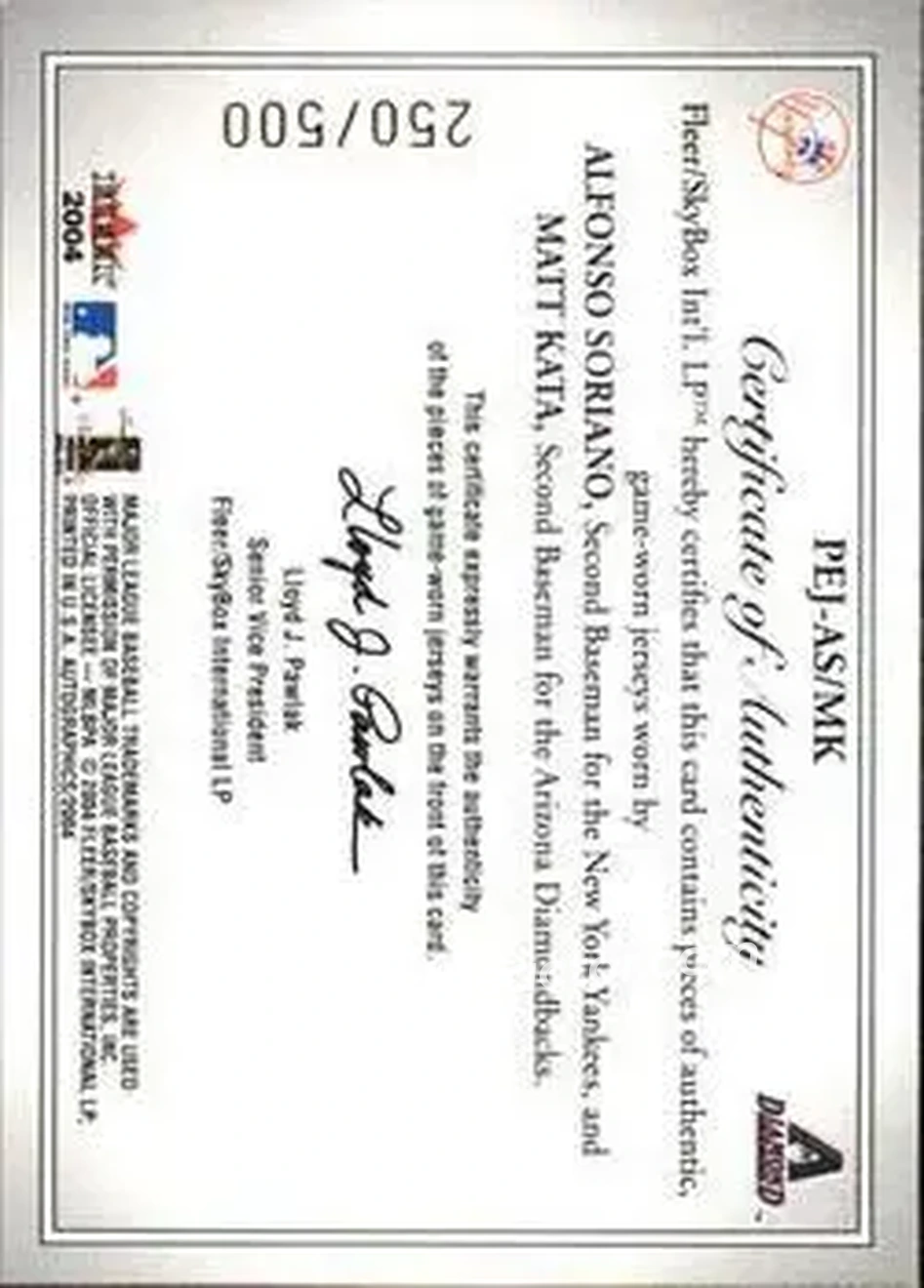 2004 SkyBox Autographics - Prospects Endorsed Dual Jersey #PEJ-AS/MK - Alfonso Soriano - Matt Kata - Back
