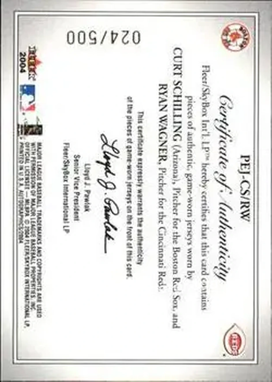 2004 SkyBox Autographics - Prospects Endorsed Dual Jersey #PEJ-CS/RW - Curt Schilling - Ryan Wagner - Back