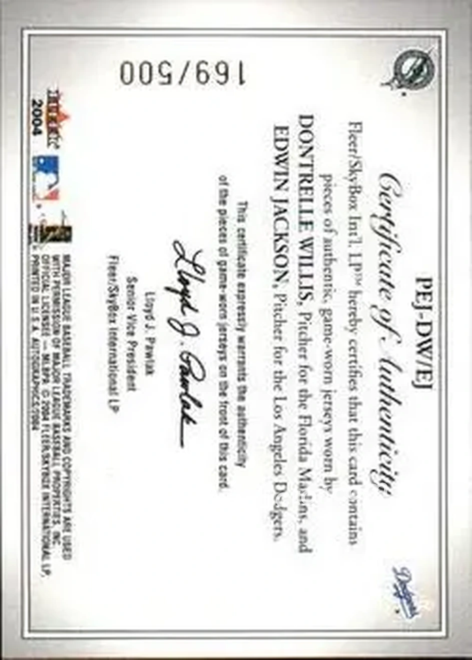 2004 SkyBox Autographics - Prospects Endorsed Dual Jersey #PEJ-DW/EJ - Dontrelle Willis - Edwin Jackson - Back 2004 SkyBox Autographics - Prospects Endorsed Dual Jersey #PEJ-DW/EJ - Dontrelle Willis - Edwin Jackson - Back