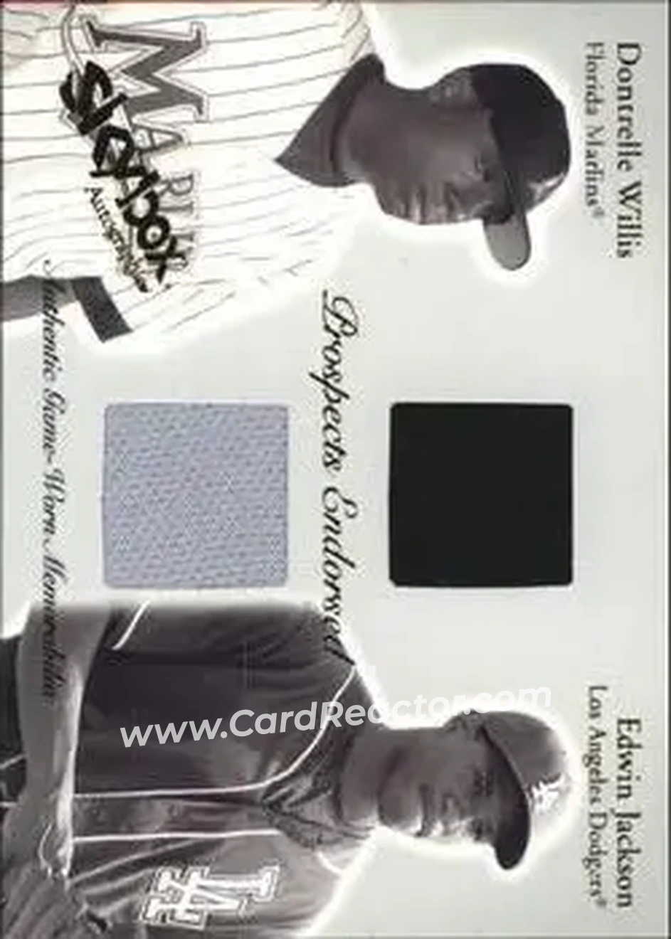 2004 SkyBox Autographics - Prospects Endorsed Dual Jersey #PEJ-DW/EJ - Dontrelle Willis - Edwin Jackson - Front 2004 SkyBox Autographics - Prospects Endorsed Dual Jersey #PEJ-DW/EJ - Dontrelle Willis - Edwin Jackson - Front
