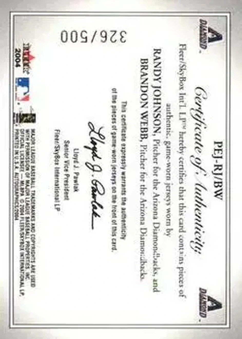 2004 SkyBox Autographics - Prospects Endorsed Dual Jersey #PEJ-RJ/BW - Randy Johnson - Brandon Webb - Arizona Diamondbacks - Back