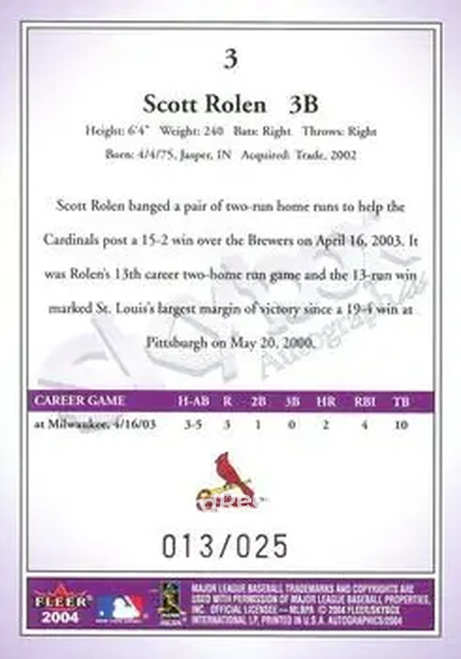 2004 SkyBox Autographics - Royal Insignia #3 - Scott Rolen - St. Louis Cardinals - Back