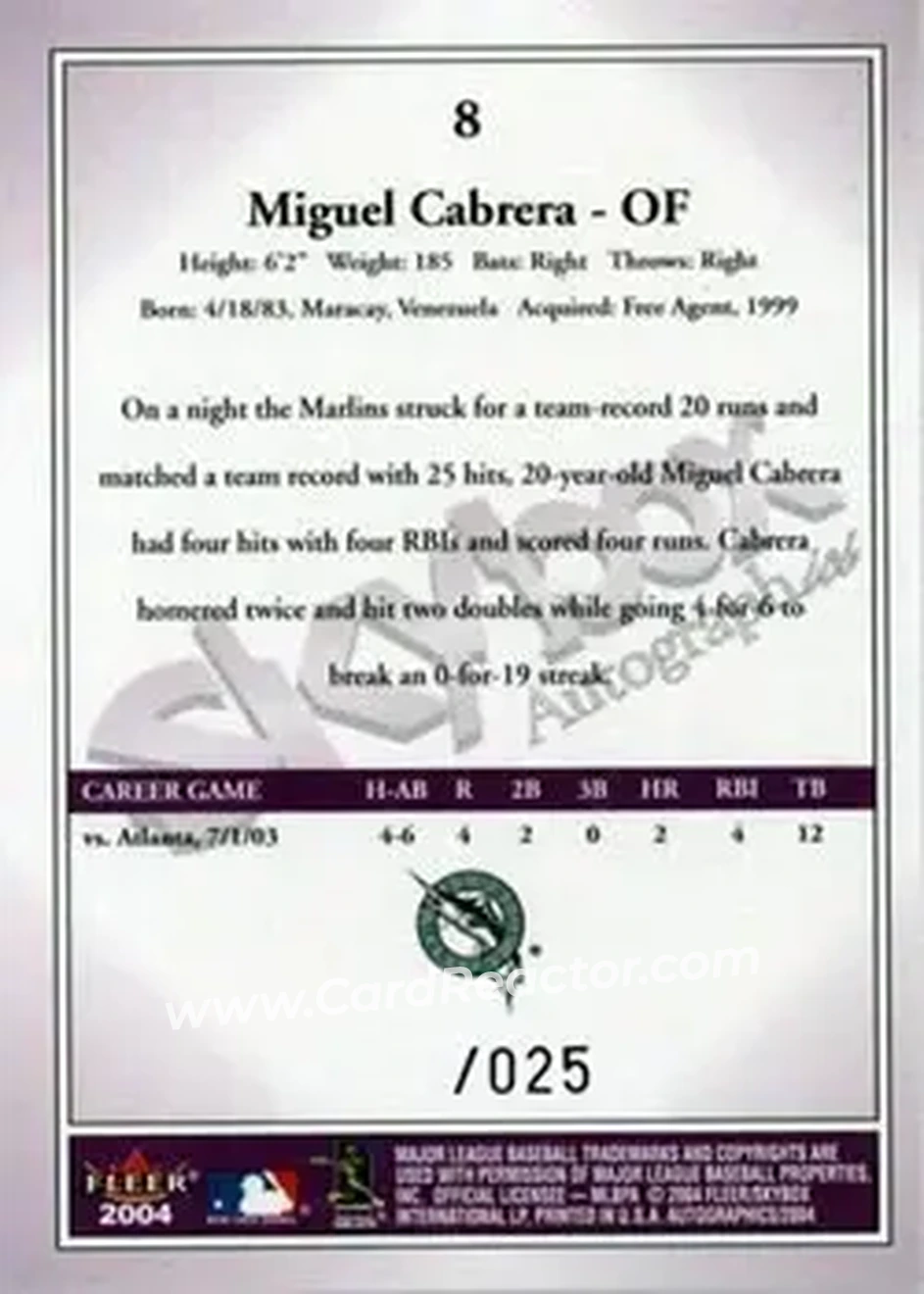 2004 SkyBox Autographics - Royal Insignia #8 - Miguel Cabrera - Florida Marlins - Back