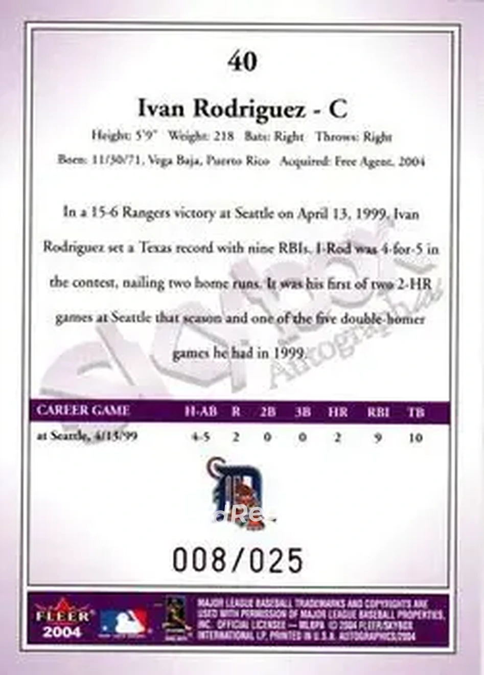 2004 SkyBox Autographics - Royal Insignia #40 - Ivan Rodriguez - Detroit Tigers - Back