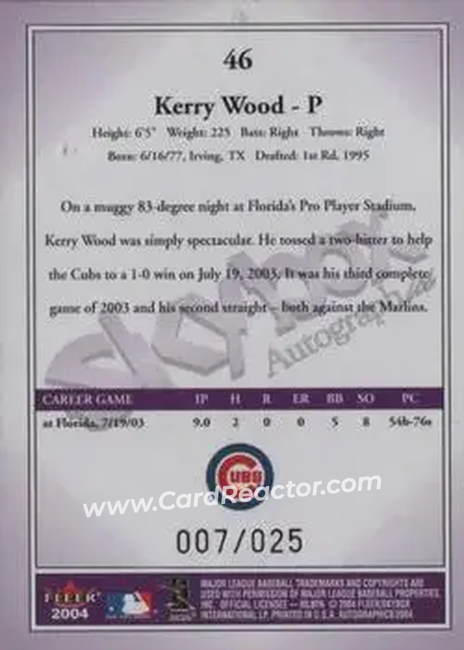 2004 SkyBox Autographics - Royal Insignia #46 - Kerry Wood - Chicago Cubs - Back 2004 SkyBox Autographics - Royal Insignia #46 - Kerry Wood - Chicago Cubs - Back