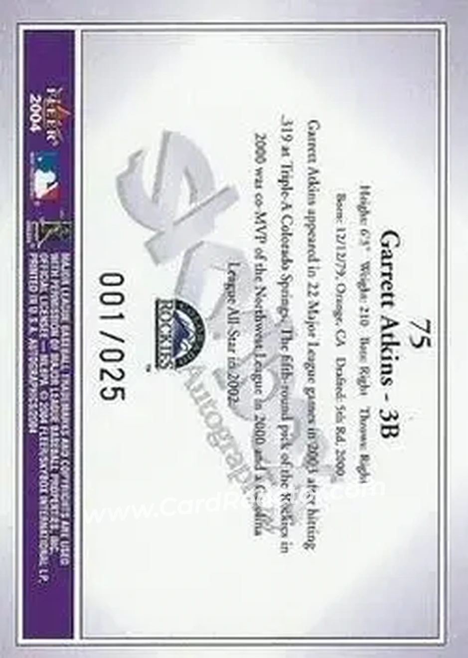 2004 SkyBox Autographics - Royal Insignia #75 - Garrett Atkins - Colorado Rockies - Back