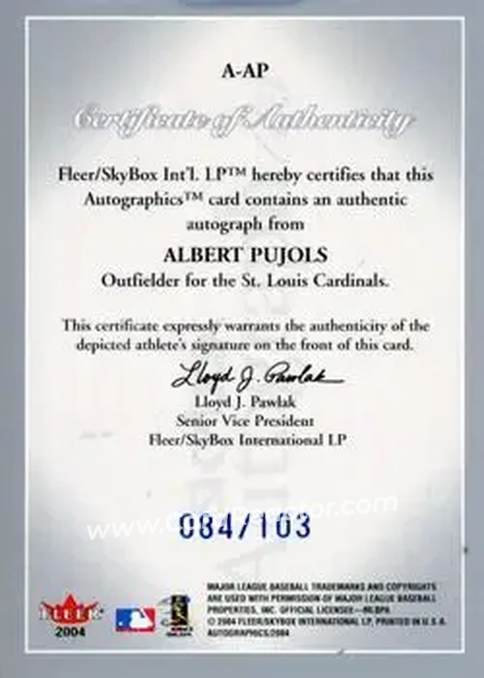 2004 SkyBox Autographics - Autographs Blue #A-AP - Albert Pujols - St. Louis Cardinals - Back