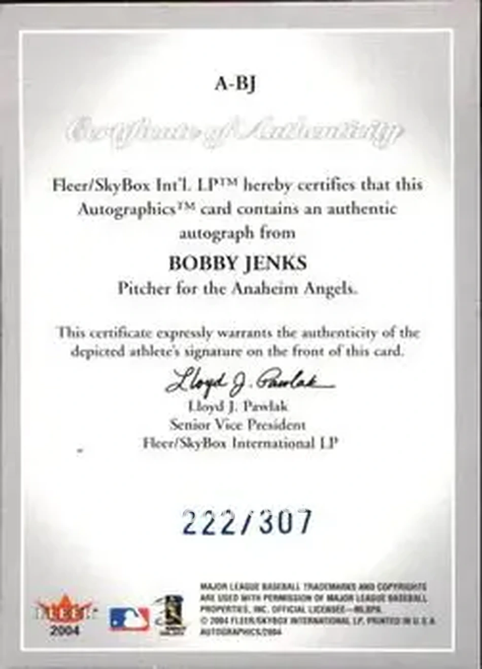 2004 SkyBox Autographics - Autographs Blue #A-BJ - Bobby Jenks - Anaheim Angels - Back