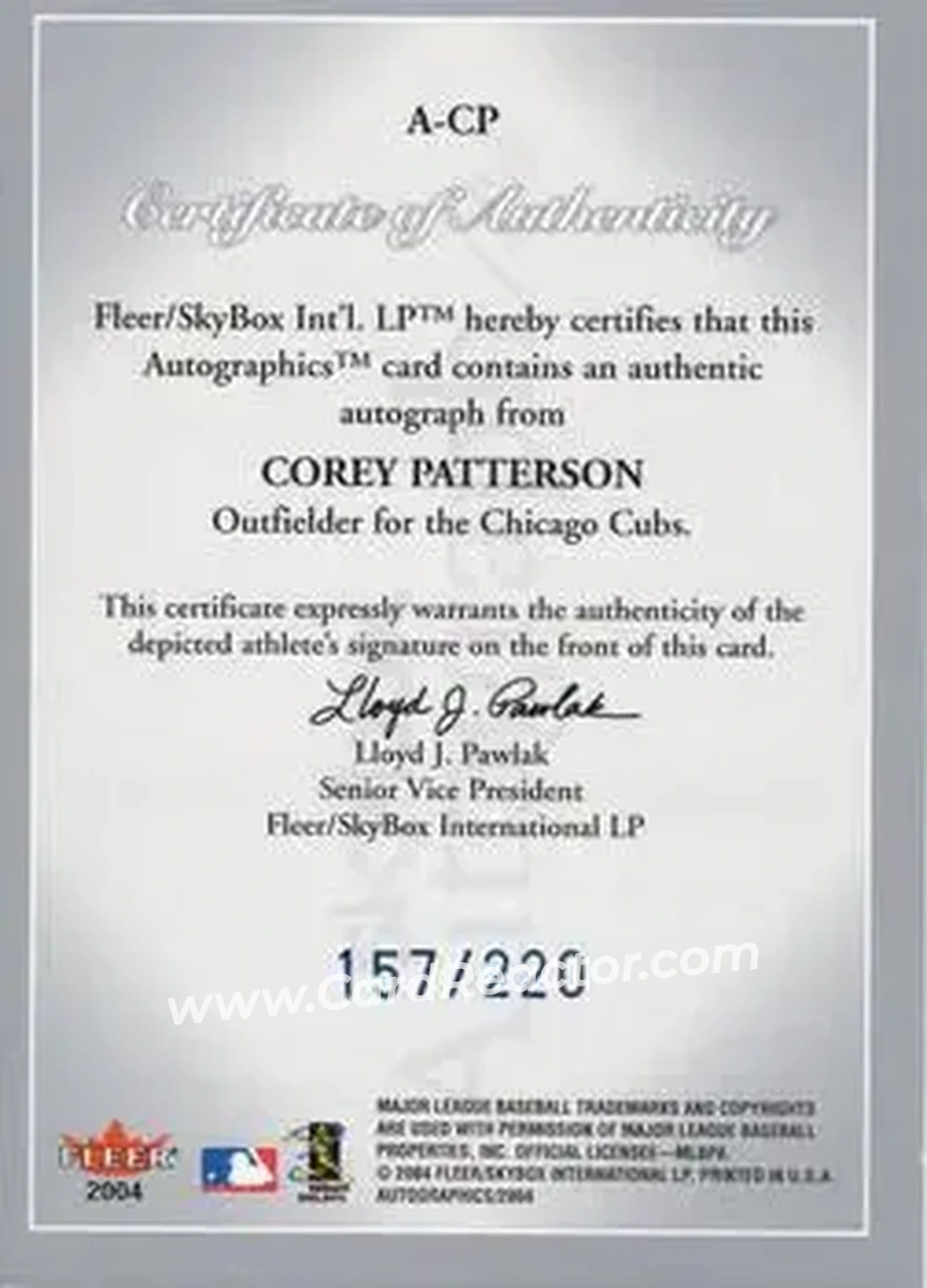 2004 SkyBox Autographics - Autographs Blue #A-CP - Corey Patterson - Chicago Cubs - Back