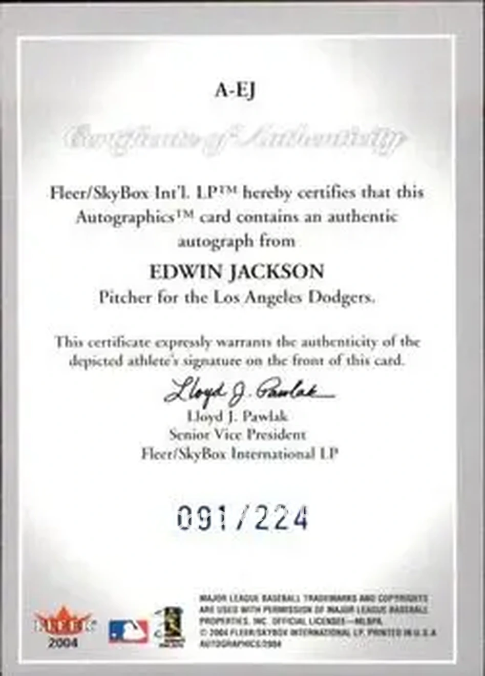 2004 SkyBox Autographics - Autographs Blue #A-EJ - Edwin Jackson - Los Angeles Dodgers - Back