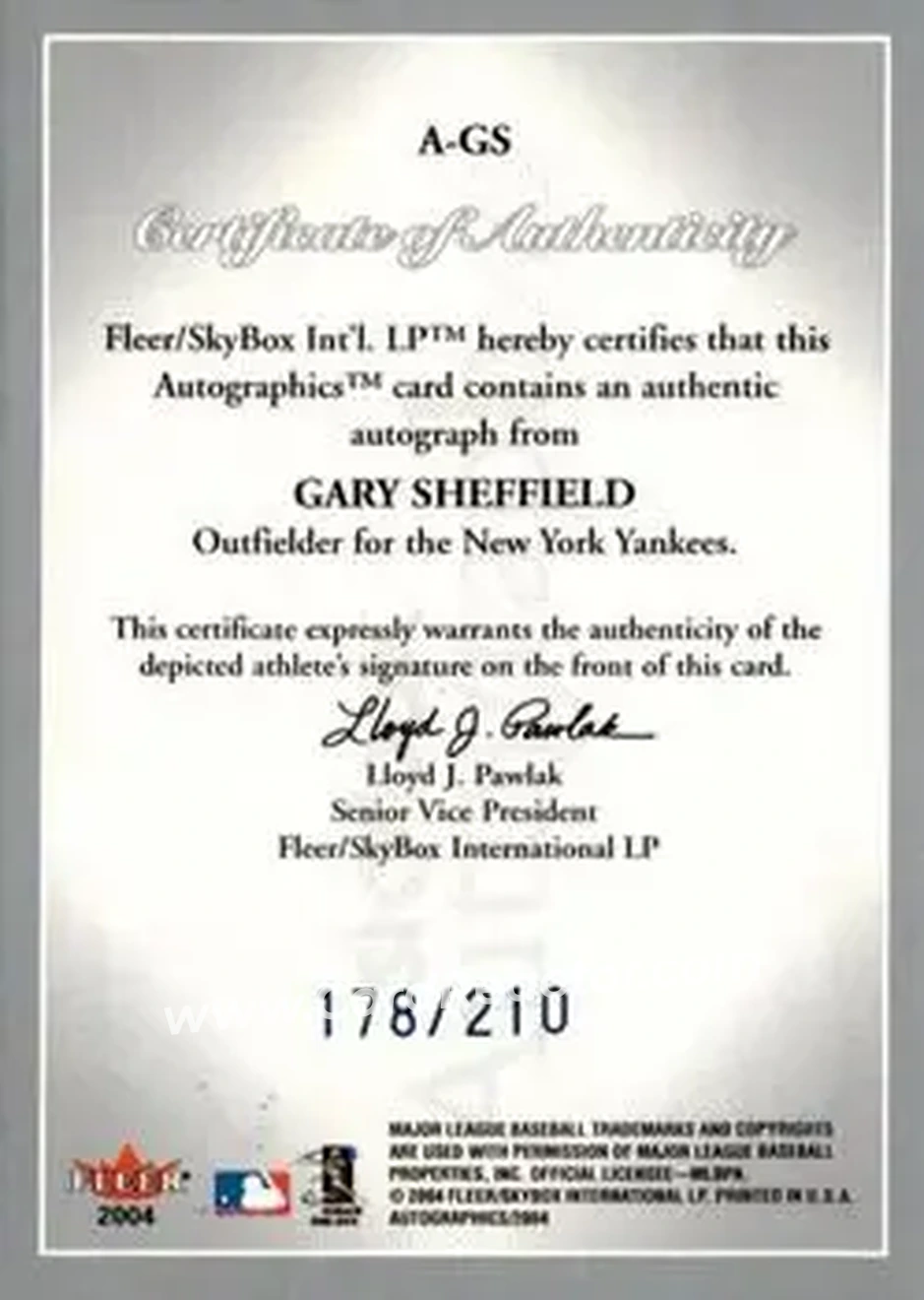 2004 SkyBox Autographics - Autographs Blue #A-GS - Gary Sheffield - New York Yankees - Back