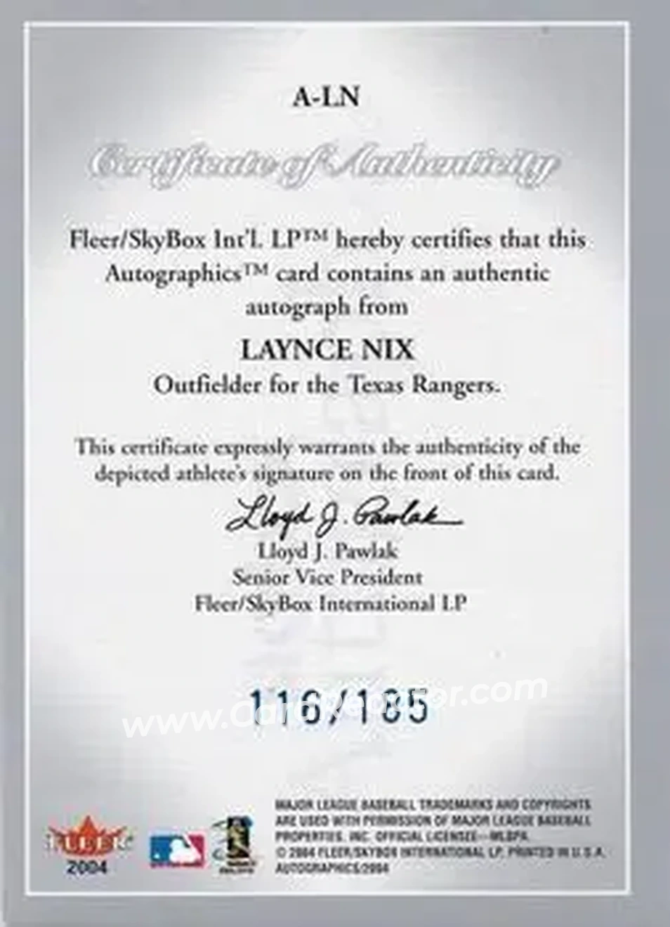 2004 SkyBox Autographics - Autographs Blue #A-LN - Laynce Nix - Texas Rangers - Back