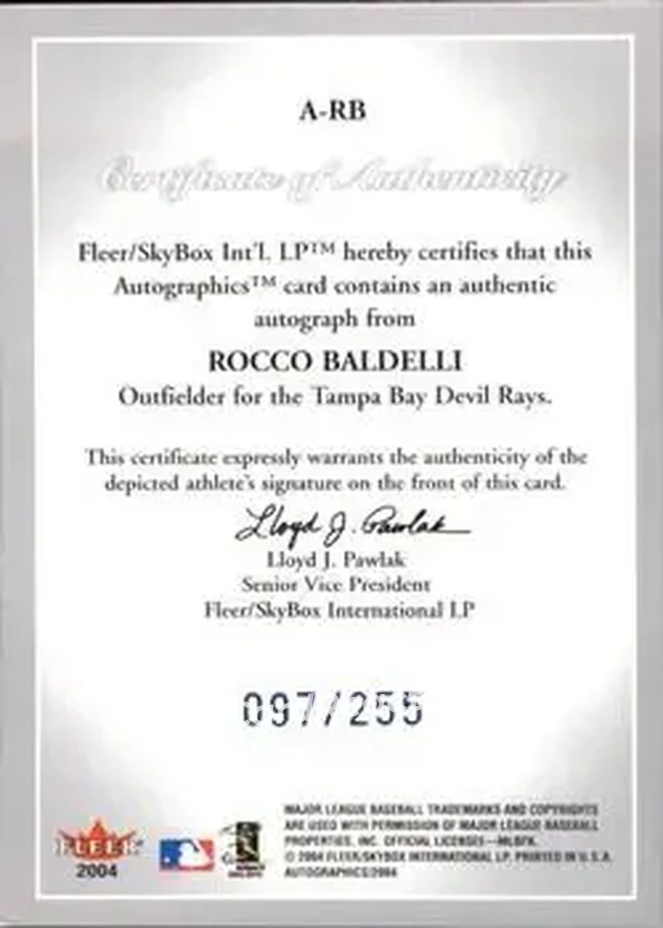 2004 SkyBox Autographics - Autographs Blue #A-RB - Rocco Baldelli - Tampa Bay Devil Rays - Back