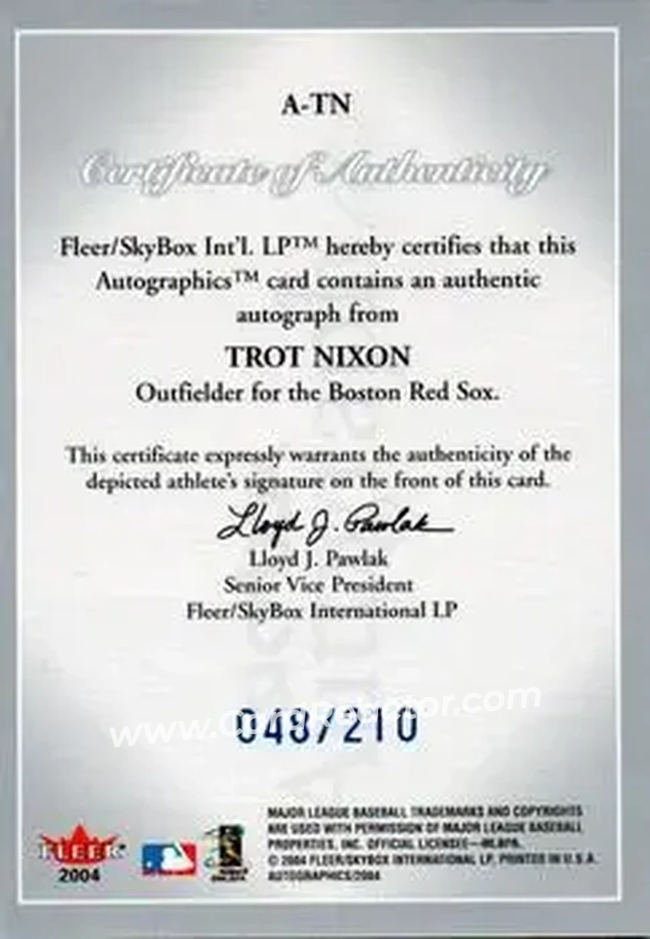 2004 SkyBox Autographics - Autographs Blue #A-TN - Trot Nixon - Boston Red Sox - Back