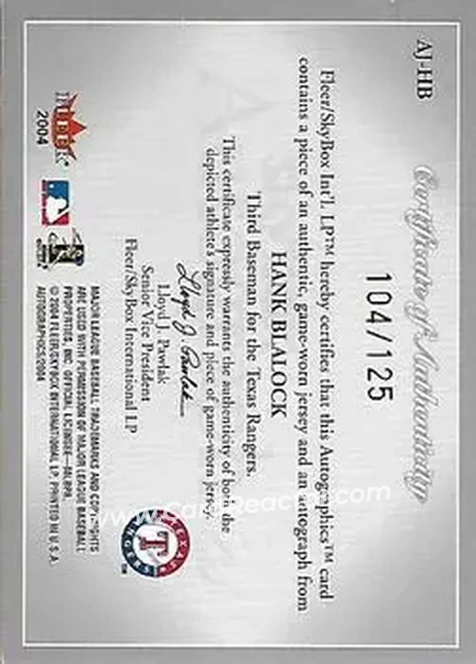 2004 SkyBox Autographics - Autographs Game Jersey #AJ-HB - Hank Blalock - Texas Rangers - Back