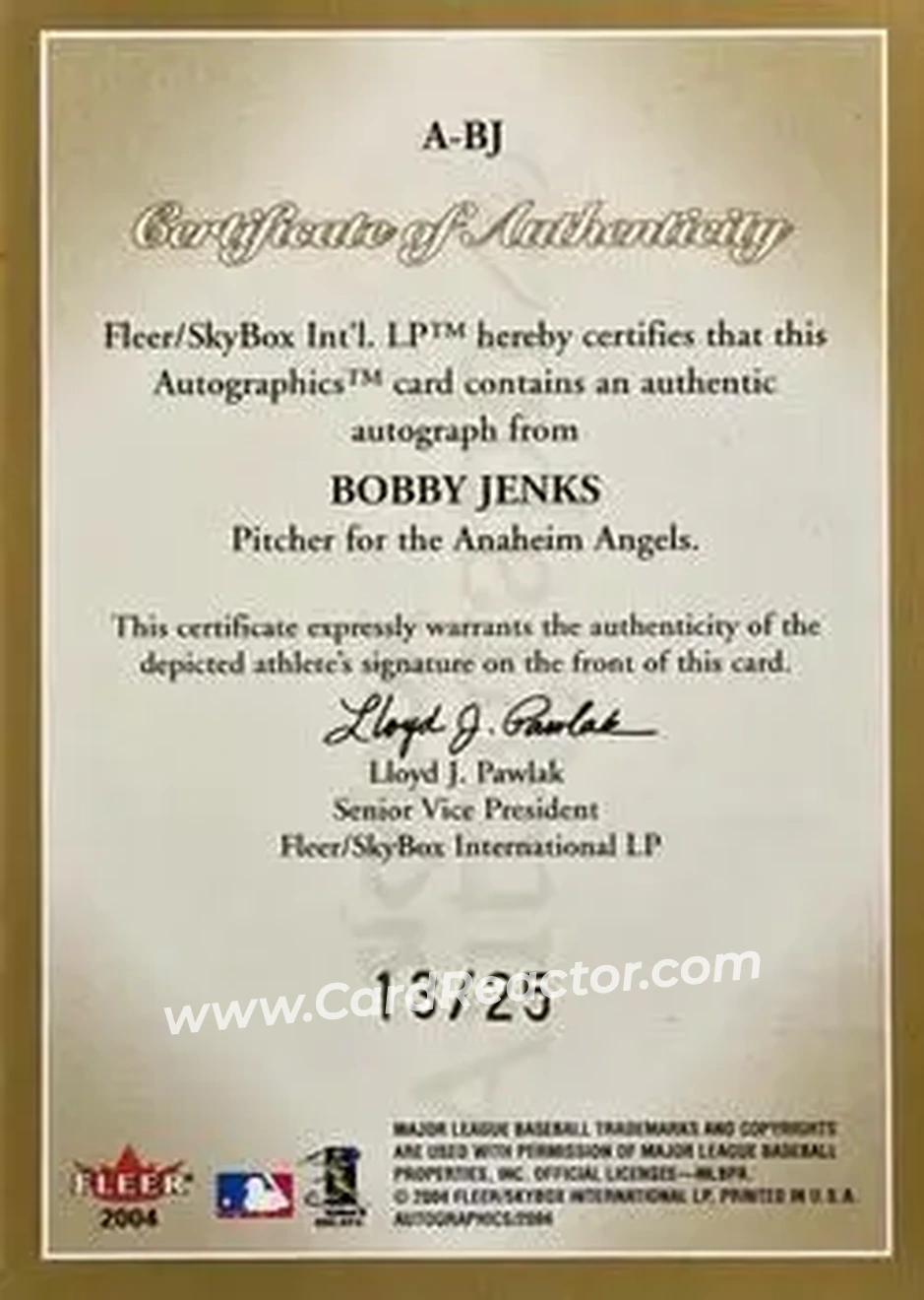 2004 SkyBox Autographics - Autographs Gold #A-BJ - Bobby Jenks - Anaheim Angels - Back