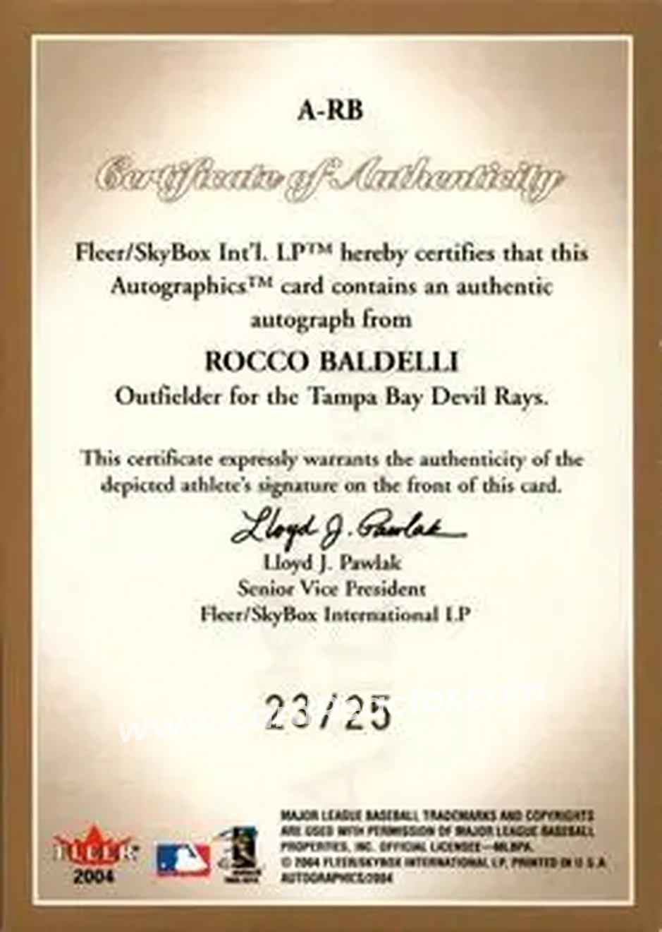 2004 SkyBox Autographics - Autographs Gold #A-RB - Rocco Baldelli - Tampa Bay Devil Rays - Back