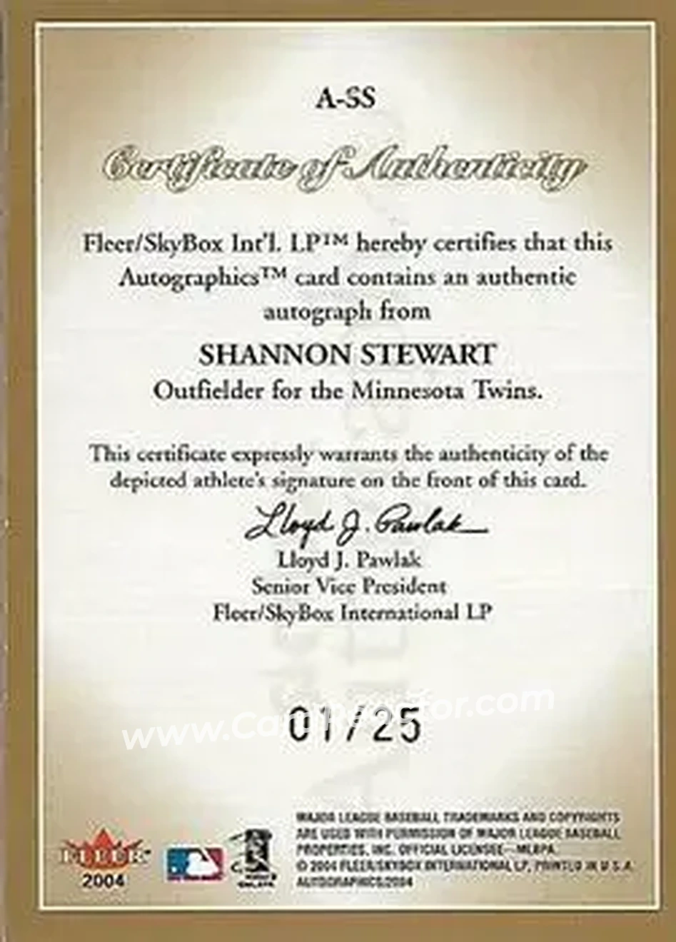 2004 SkyBox Autographics - Autographs Gold #A-SS - Shannon Stewart - Minnesota Twins - Back 2004 SkyBox Autographics - Autographs Gold #A-SS - Shannon Stewart - Minnesota Twins - Back