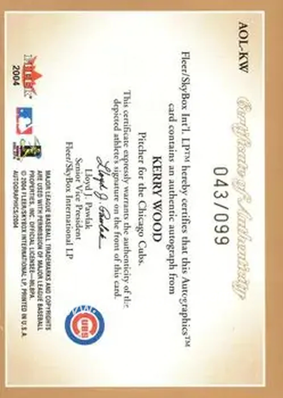 2004 SkyBox Autographics - Autographs On Location #AOL-KW - Kerry Wood - Chicago Cubs - Back