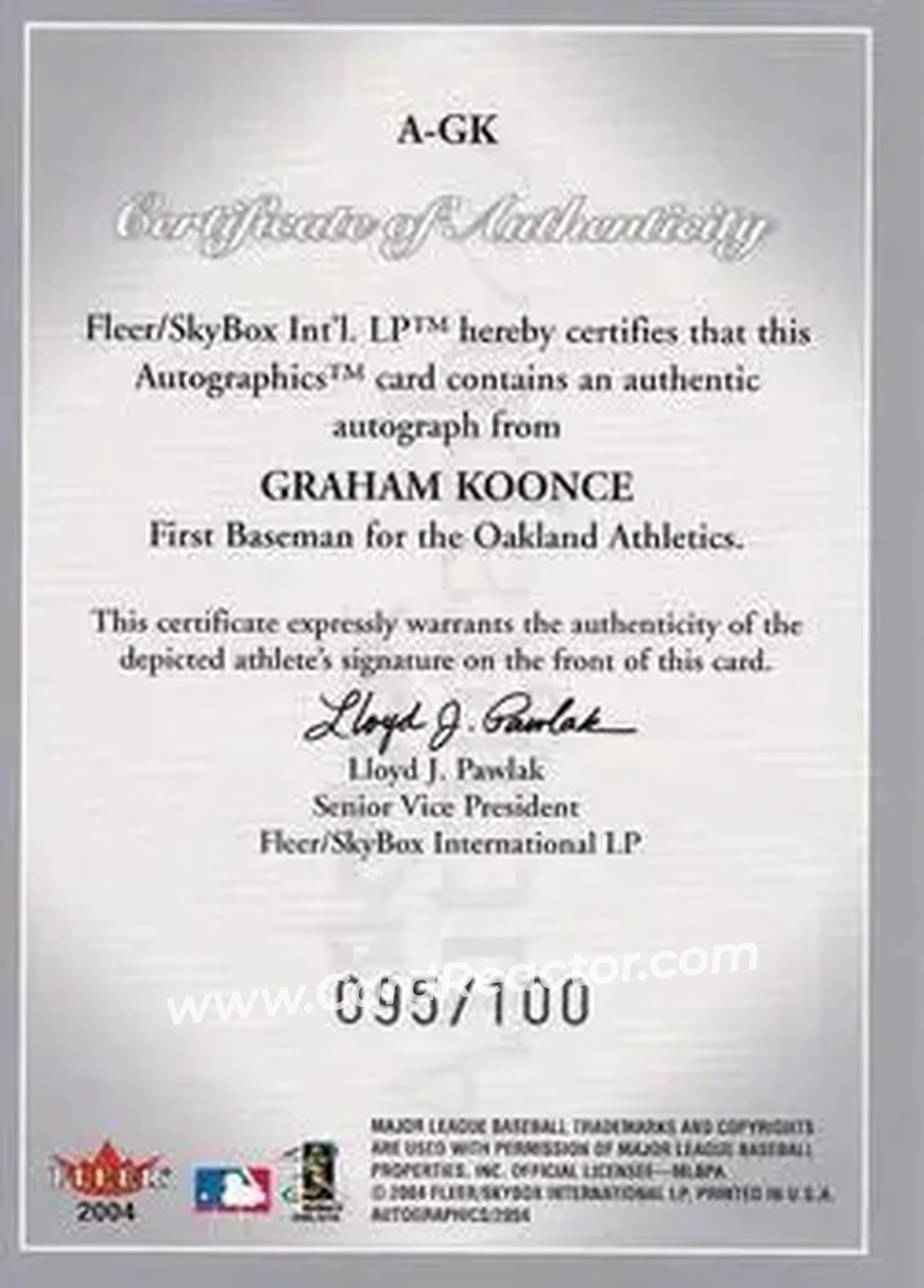 2004 SkyBox Autographics - Autographs Silver #A-GK - Graham Koonce - Oakland Athletics - Back
