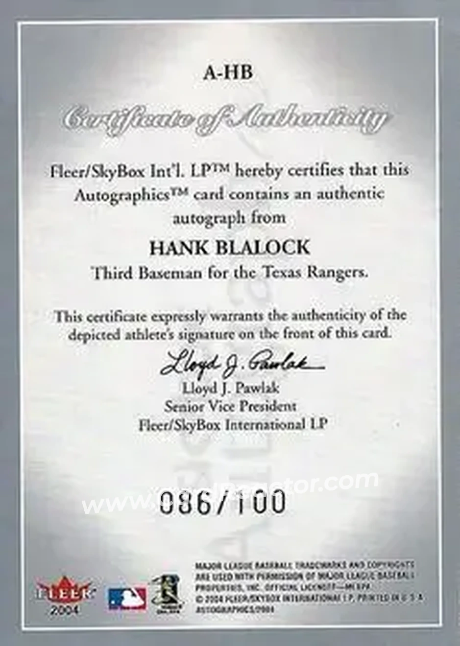 2004 SkyBox Autographics - Autographs Silver #A-HB - Hank Blalock - Texas Rangers - Back
